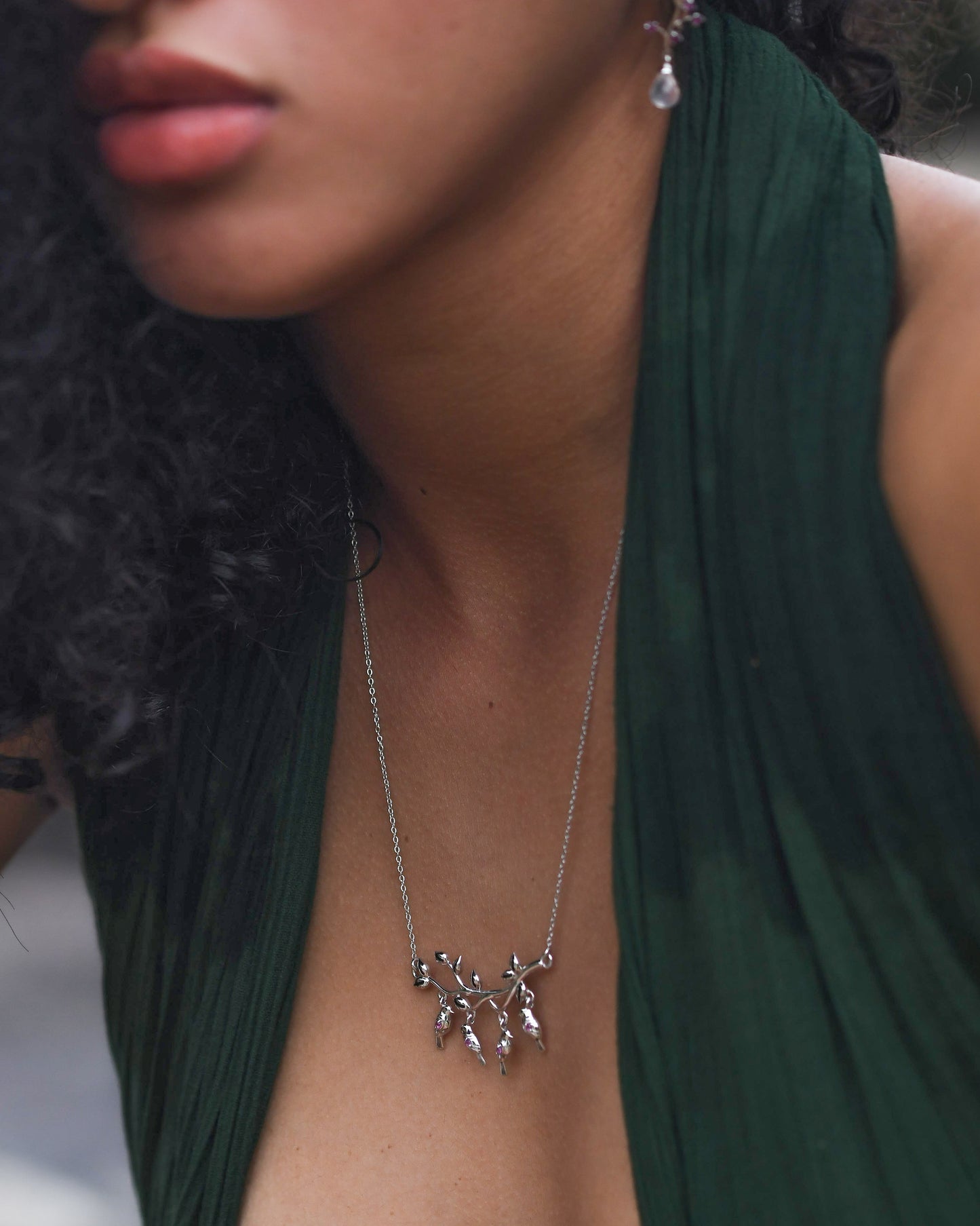 Petal Light Spun Blooming Birds Necklace 18"